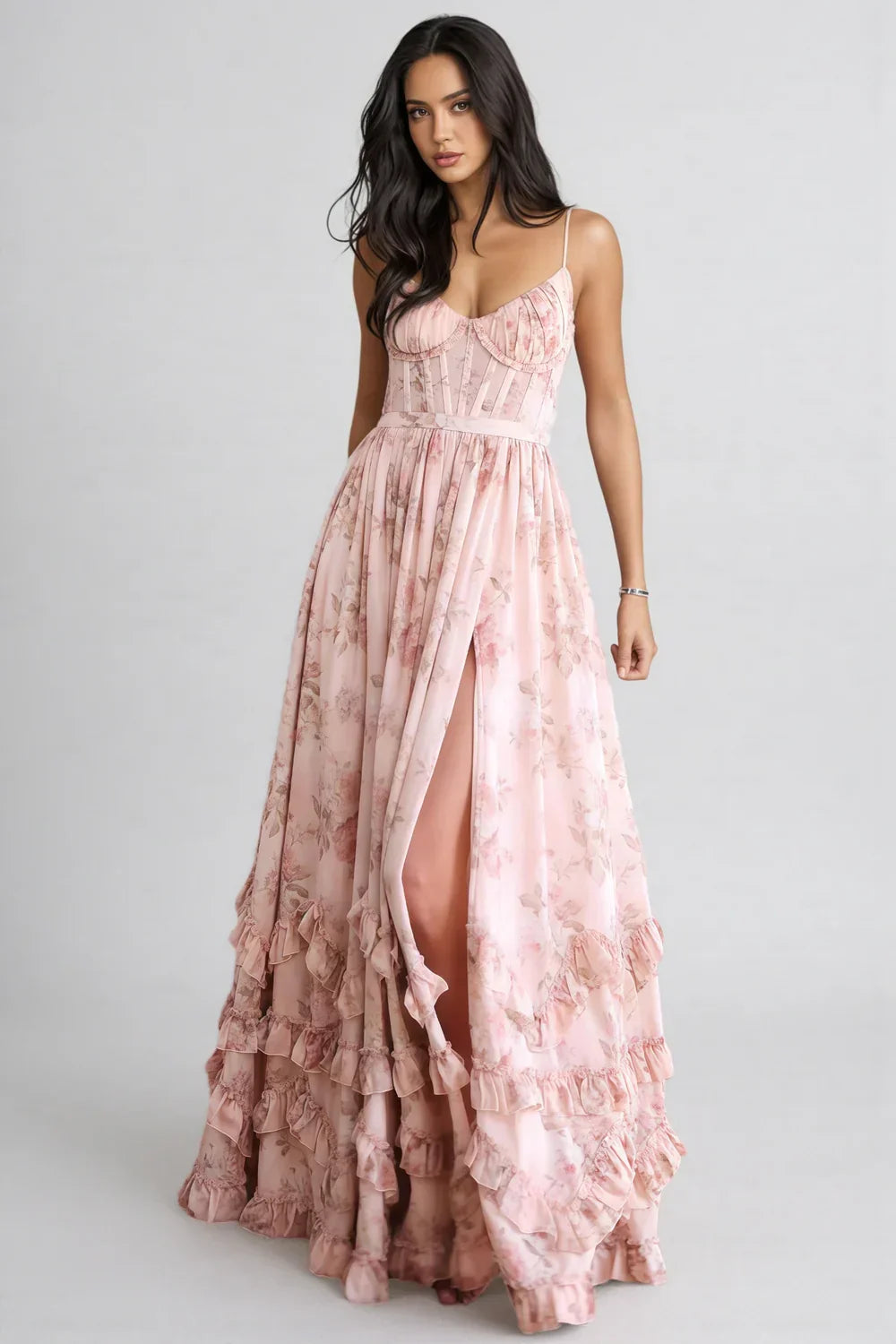 Isabella – Błękitna Sukienka Maxi z Falbanami