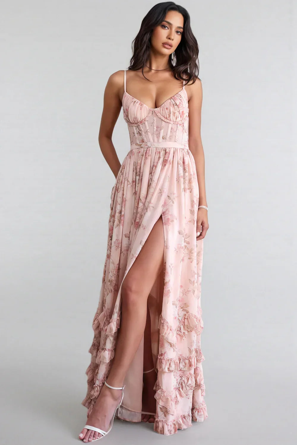 Isabella – Błękitna Sukienka Maxi z Falbanami