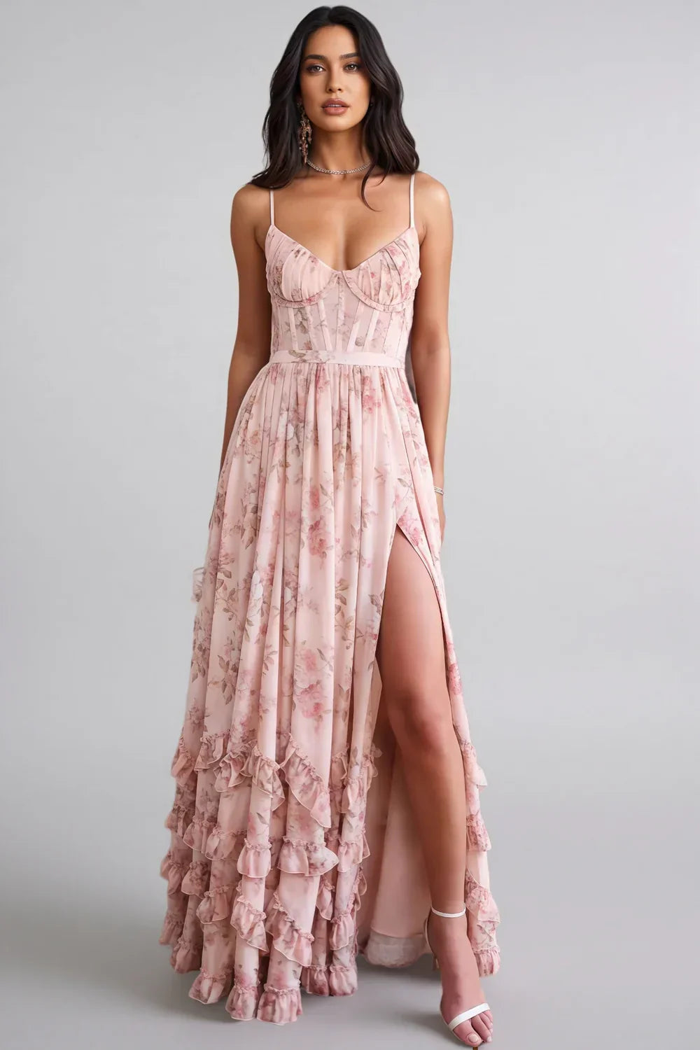 Isabella – Błękitna Sukienka Maxi z Falbanami