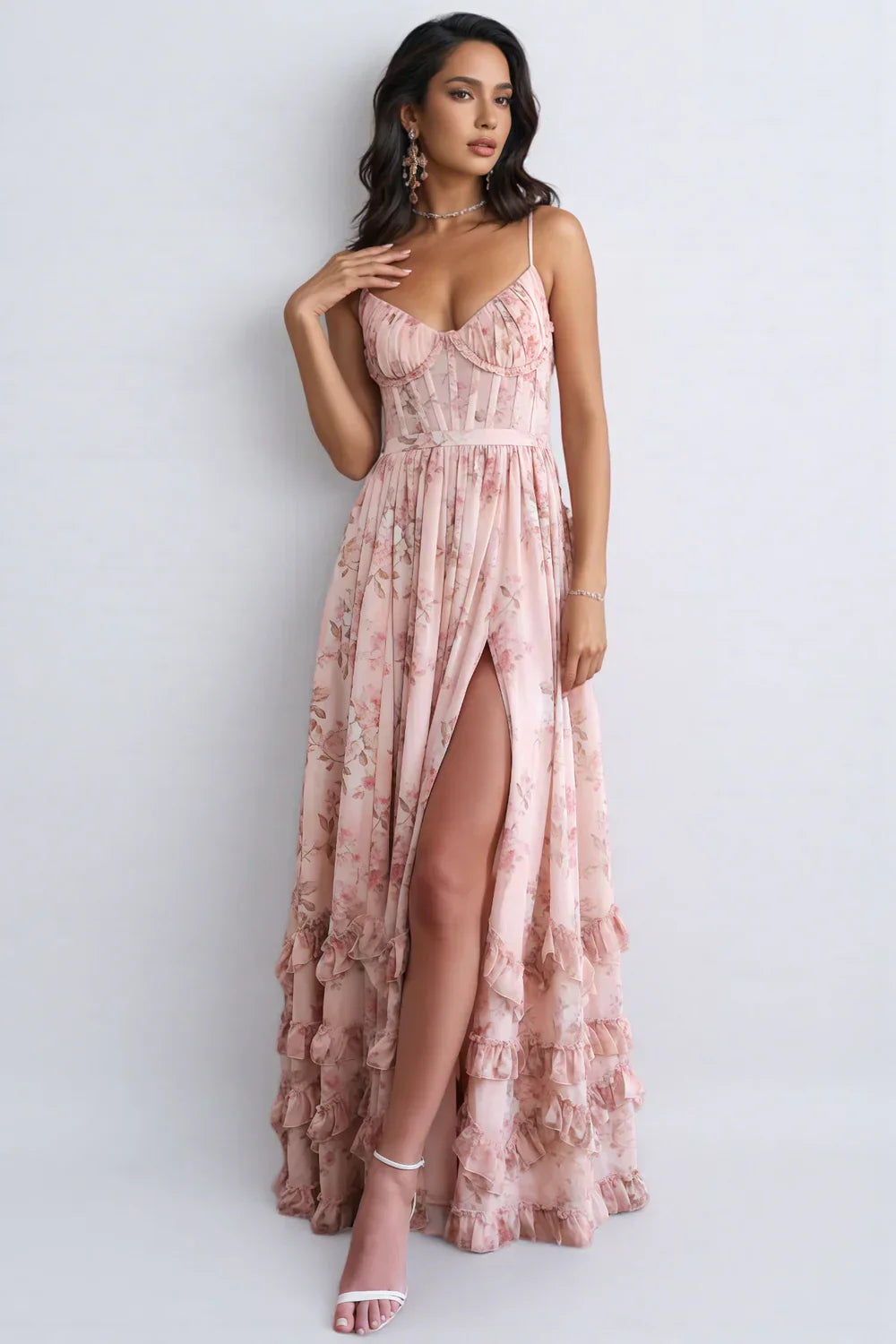 Isabella – Błękitna Sukienka Maxi z Falbanami