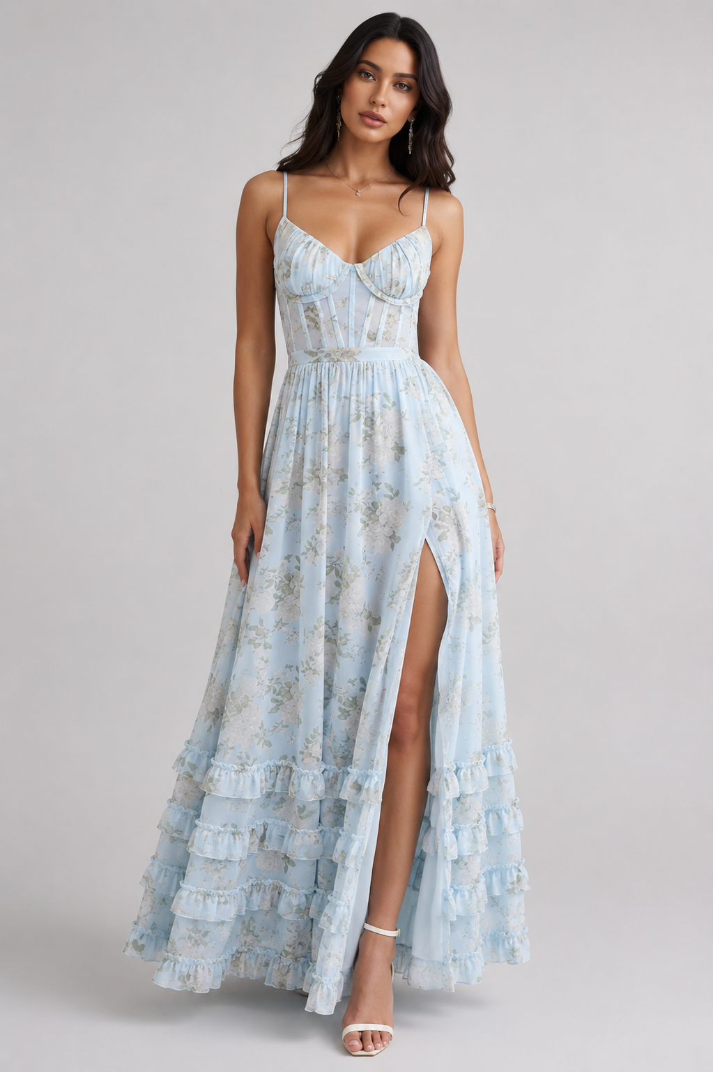 Isabella – Błękitna Sukienka Maxi z Falbanami