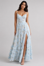 Isabella – Błękitna Sukienka Maxi z Falbanami