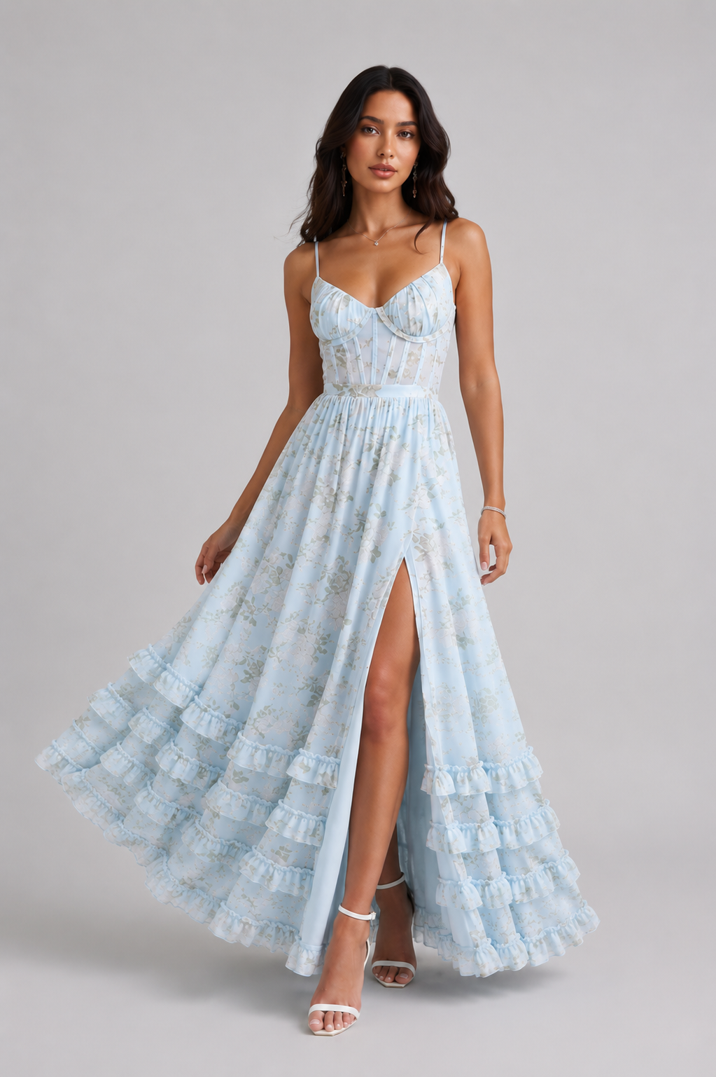 Isabella – Błękitna Sukienka Maxi z Falbanami