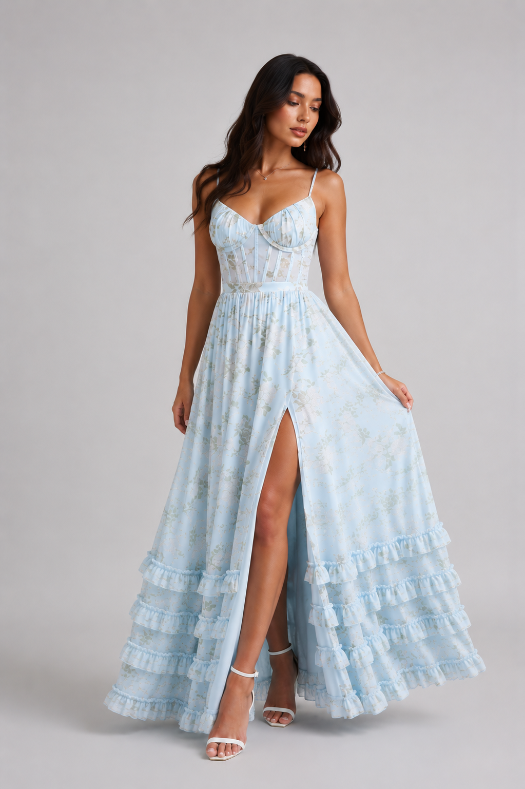 Isabella – Błękitna Sukienka Maxi z Falbanami
