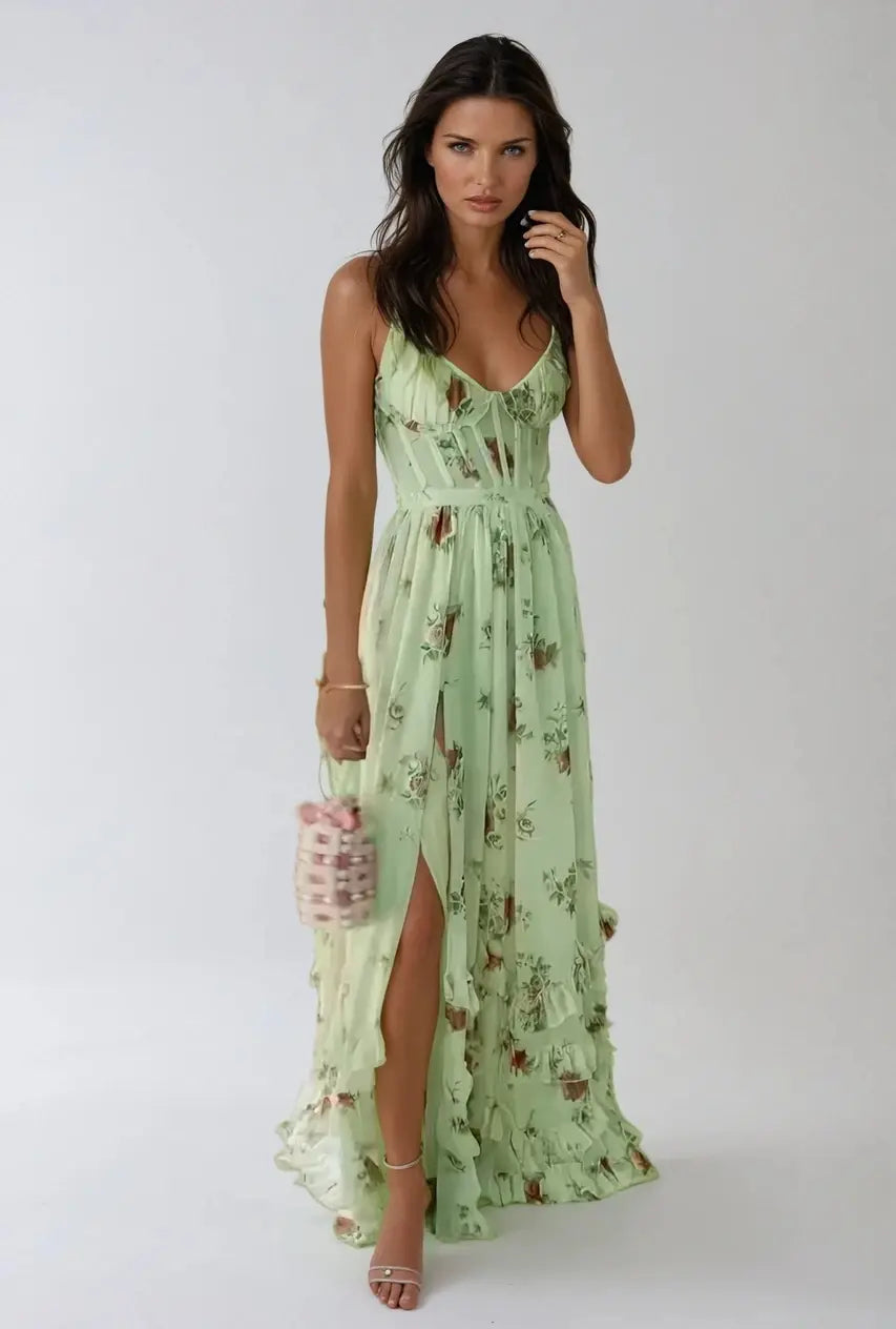 Isabella – Błękitna Sukienka Maxi z Falbanami